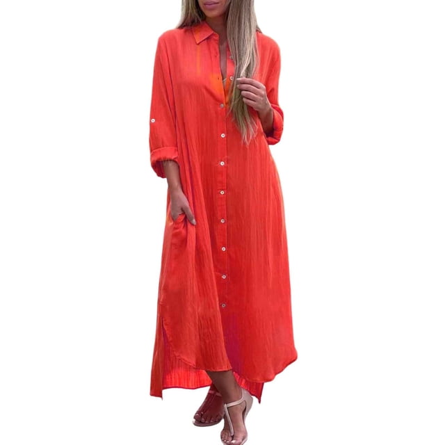 Kcodviy Robe Chemise Unie pour Femmes Robe Portefeuille pour Femmes Été Jupe Longue Décontractée Longue Robe Midi pour Femmes Manche Cardigan Robe