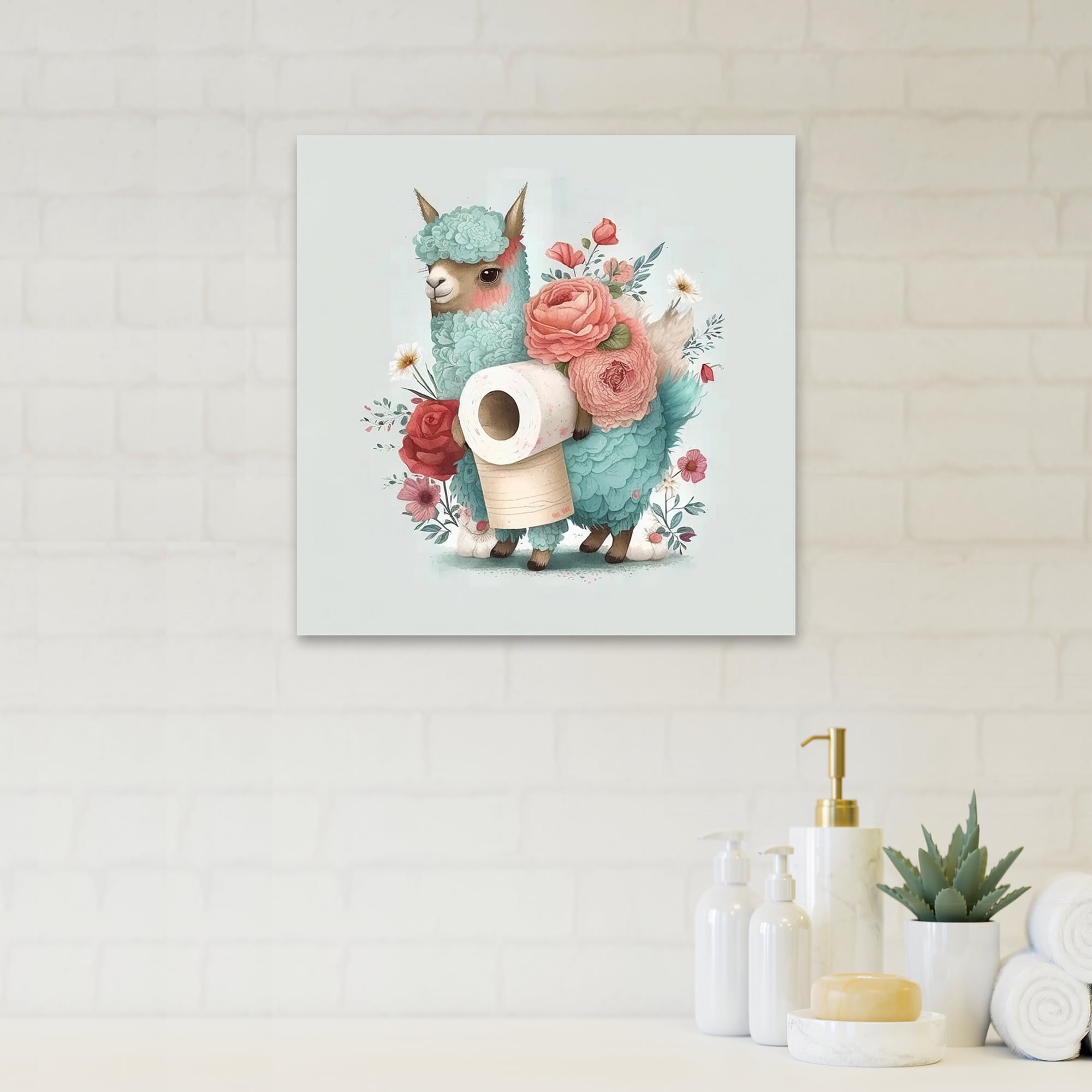Designart Llama Building A Tower Of Toilet Paper With Flowers I Canvas Wall Art
