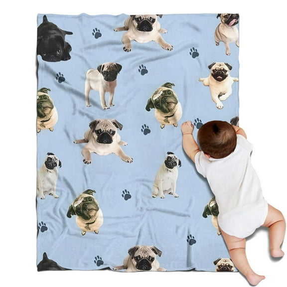 Pug and Footprints Blanket,Comfortable Soft Flannel Throw Blanket,All Season,Warm Lightweight Blankets for Sofa Bed Couch Living Room Chair,30"x40"(80x100cm)