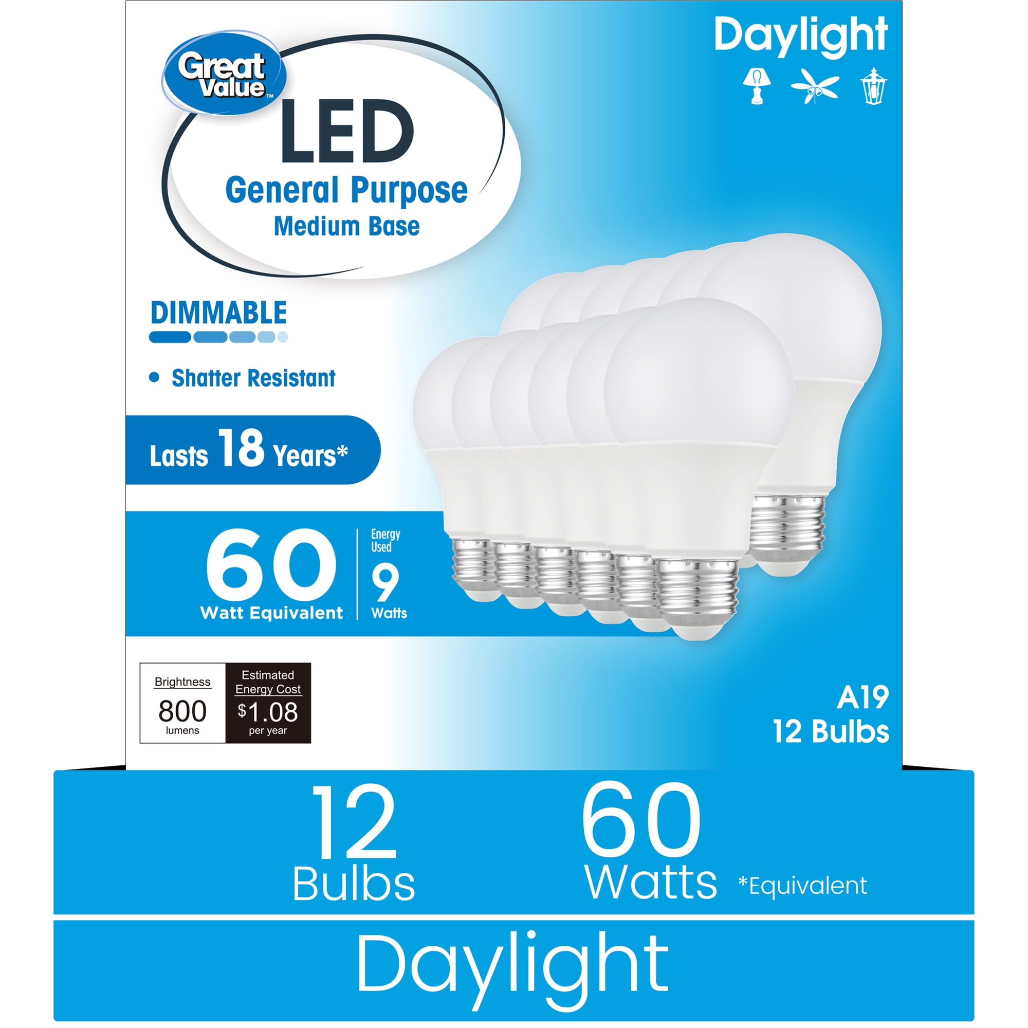 Great Value 18 Year A19 LED Bulb, 9W (60W Equivalent), E26 Base, Dimmable, Daylight, 12-Pack