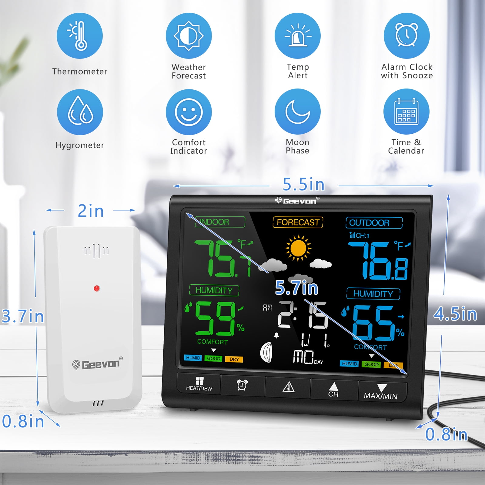 Geevon Weather Station Indoor Outdoor Thermometer Wireless, Digital Thermometer Temperature Humidity Monitor with Comfort Indicator, Adjustable Backlight, Alarm Clock and Calendar(350°view angle)