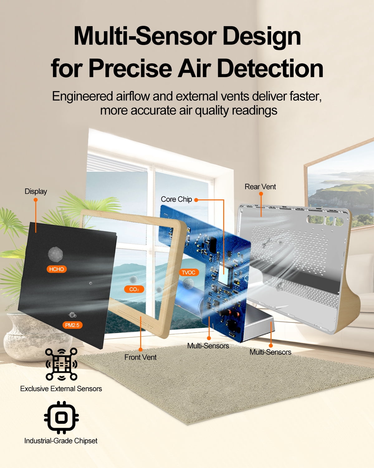 16 in 1 Air Quality Monitor Indoor Detects, CO2 Tester for CO2, TVOC, PM2.5, PM1.0, PM10, HCHO, Temperature Humidity AQI & Time, 2500mAh Battery Powered, LED Display, Auto Alert for Car, Office, Home