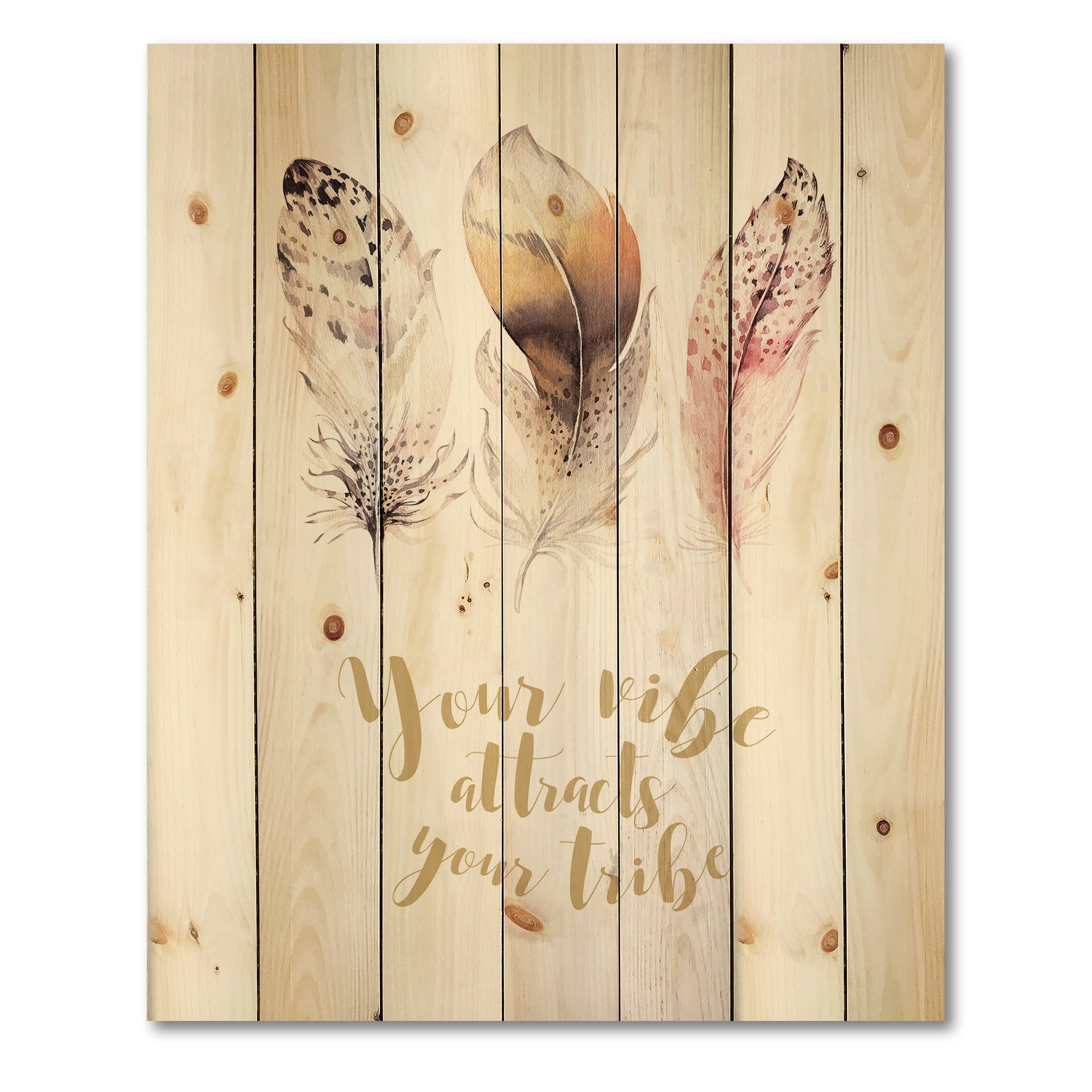 Designart 'Your Vibe Attracts Your Tribe Ethnic Feathers I' Bohemian & Eclectic Print on Natural Pine Wood