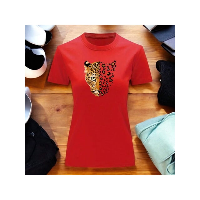 Playera Blusa Con Estampado De Jaguar Animal Print Ropa Para Mujer Color Rojo Talla Grande Marca Emil SaEs