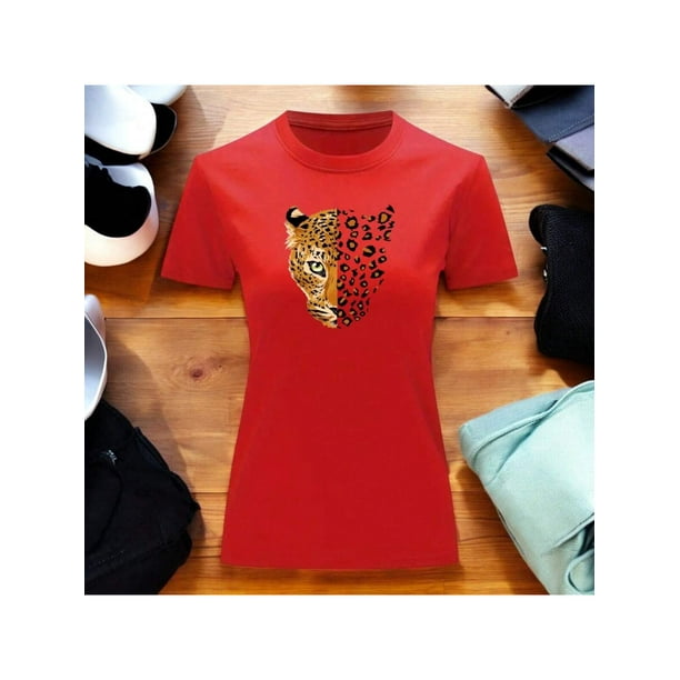 Playera Blusa Con Estampado De Jaguar Animal Print Ropa Para Mujer Color Rojo Talla Mediana Marca Emil SaEs