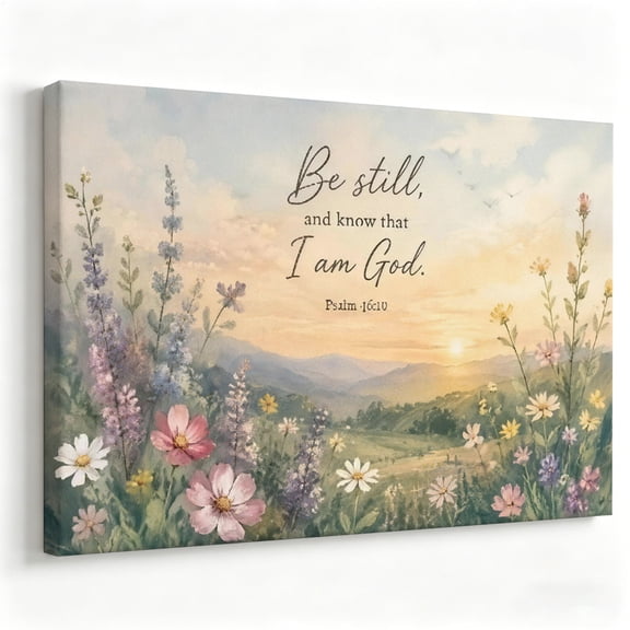 Be Still and Know That I Am God Canvas Wall Art Psalm 46:10 Scripture Poster Watercolor Wildflower Mountain Landscape Painting Living Room Bedroom Decor Print Ready to Hang 8*12