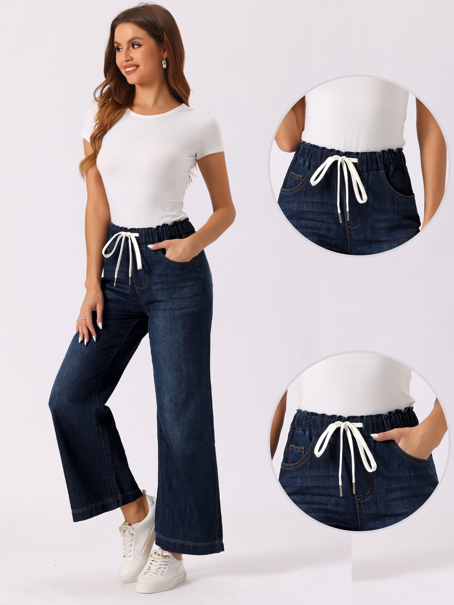 DARING DIVA Women's Trendy Elastic Waist Wide Legs Drawstring Jeans XS Dark Blue