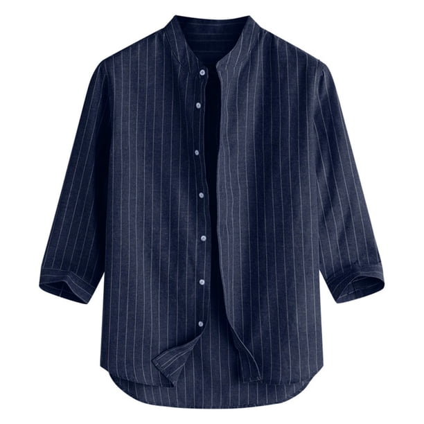 Camisas Vaqueras Para Hombre Manga Corta Cotton Top Button Manga camisa de cuello masculino Puntos rayados de verano Casual 7 blusa de Men (Navy, L)