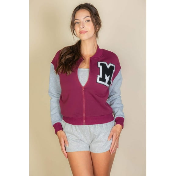 GN Letter Patched Striped Trim Varsity Jacket