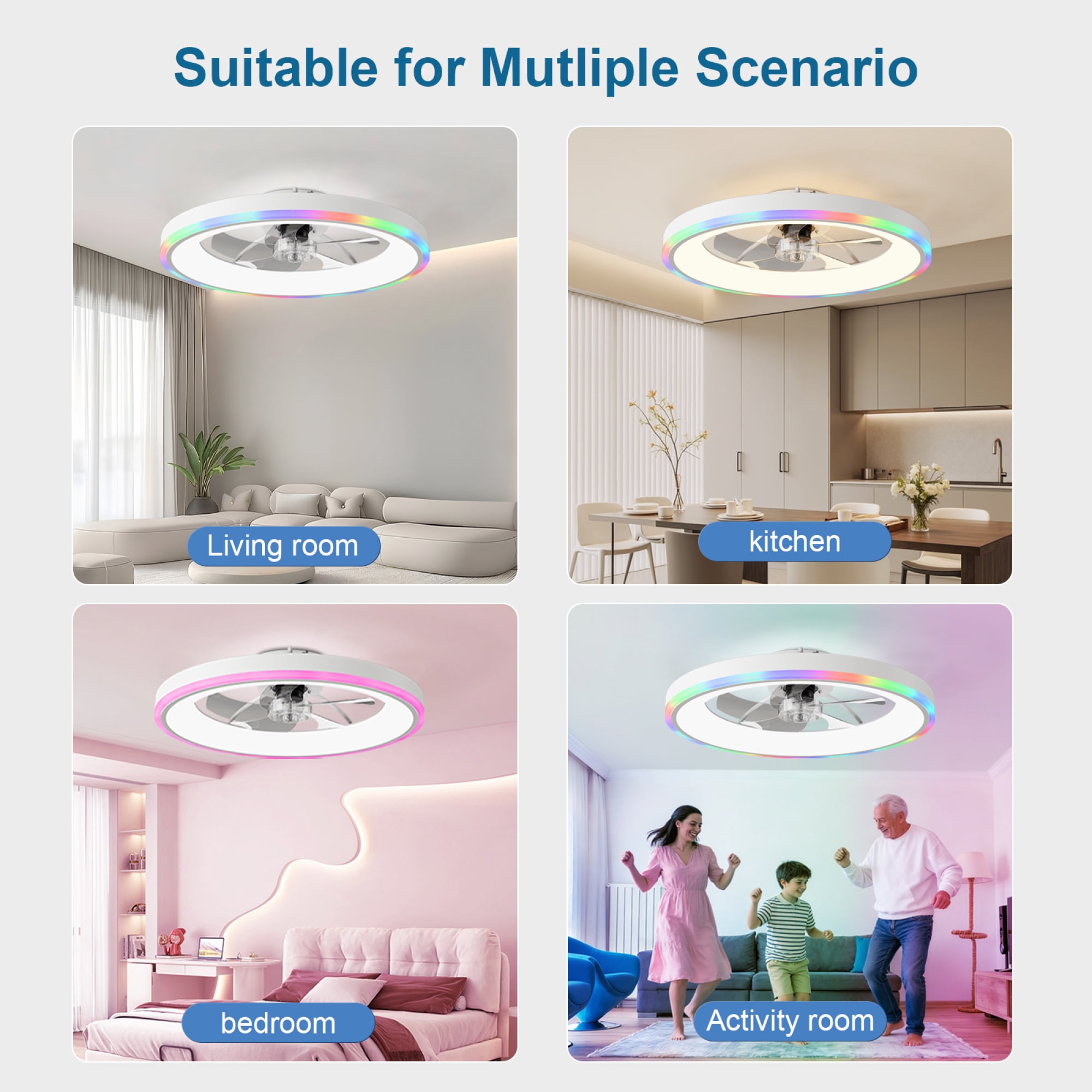 Leumius 23.6" Modern RGB Ceiling Fan with Lights, Flush Mount Low Profile Fan with Remote & APP, 6-Speed Reversible Silent DC Motor, Dimmable 3000-6500K LED for Bedroom Living Room White