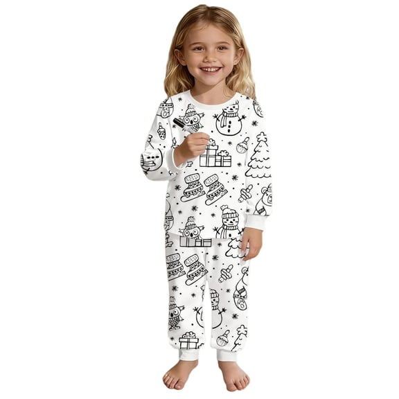 Cethrio Girls Pajama Sets, Crew Neck Graphic Long Sleeve Comfy Christmas Sleepwear Sets White Size 10