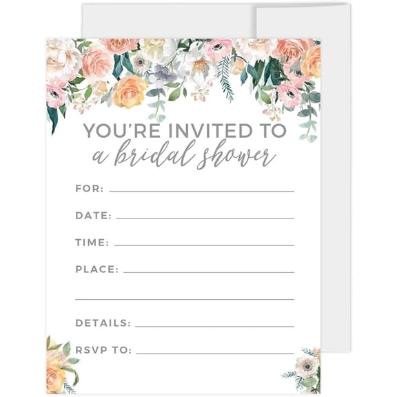 Koyal Wholesale Peach Coral Floral Garden Bridal Shower Paper Invitations, Blank Cards with Envelopes, 20-Pack