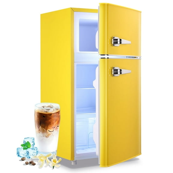 TACOOL Retro Yellow Mini Fridge with Handle Dual Door 3.5Cu.ft Samll Refrigerator with Freezer For Home