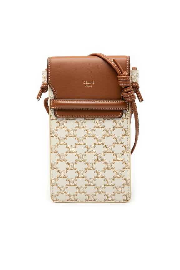 Pre-Owned Celine Triomphe Crossbody Shoulder Bag with Phone Holder in White and Brown... (Good)