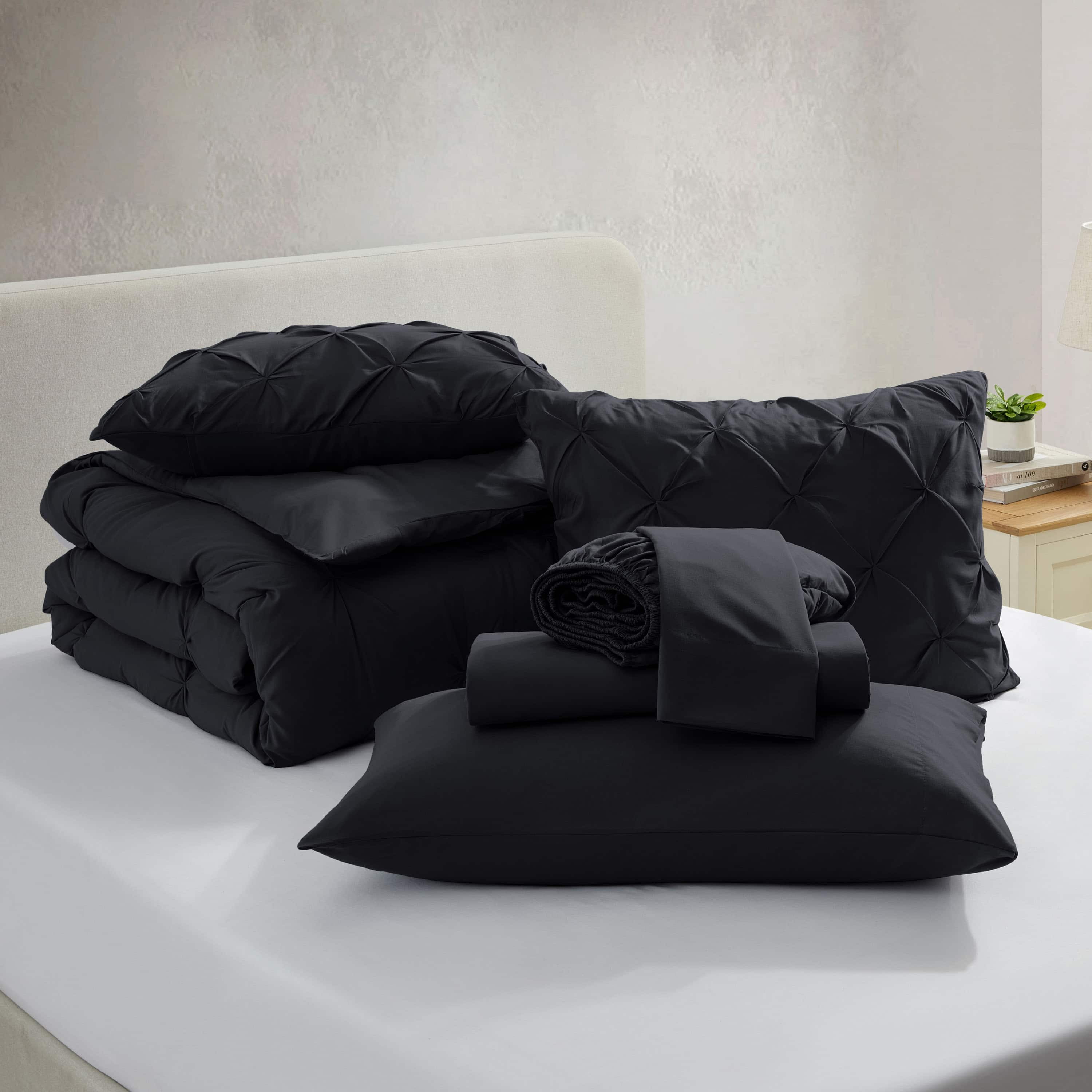 LammaLoe Twin XL Comforter Sets, 5 Piece Bed In A Bag Pintuck Bedding Sets, BLK