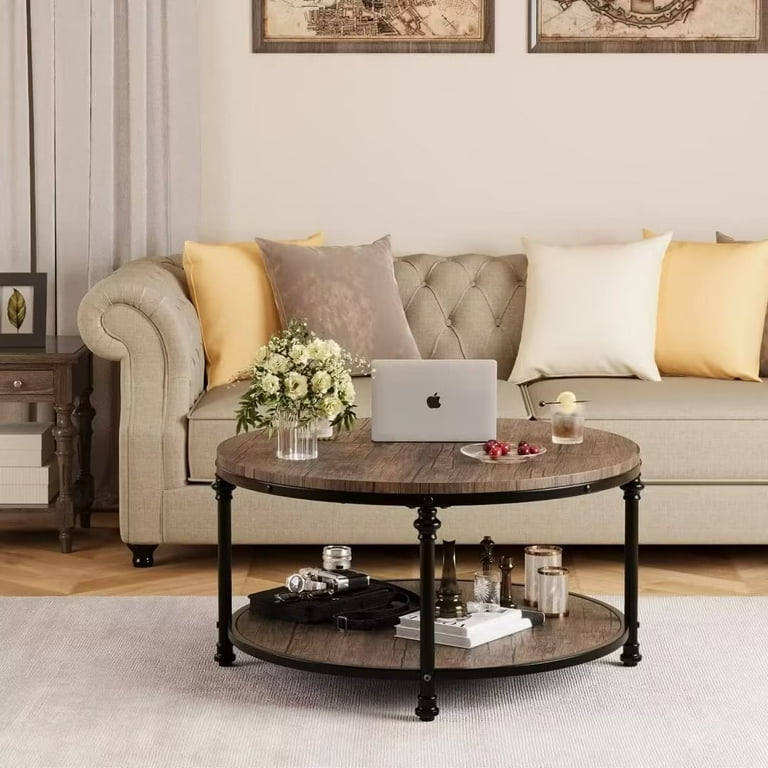 34 inch Round Coffee Table 2 Tier Living Room Table with Storage Shelf and Sturdy Metal Legs Light Walnut Walmart