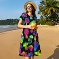 thumbnail image 4 of Fotbe Bright Mushrooms Vestido Largo de Moda para Mujer, Vestido Tipo Camiseta con Manga Corta y Estilo Casual a Rayas y Bloques de Color, 4 of 6