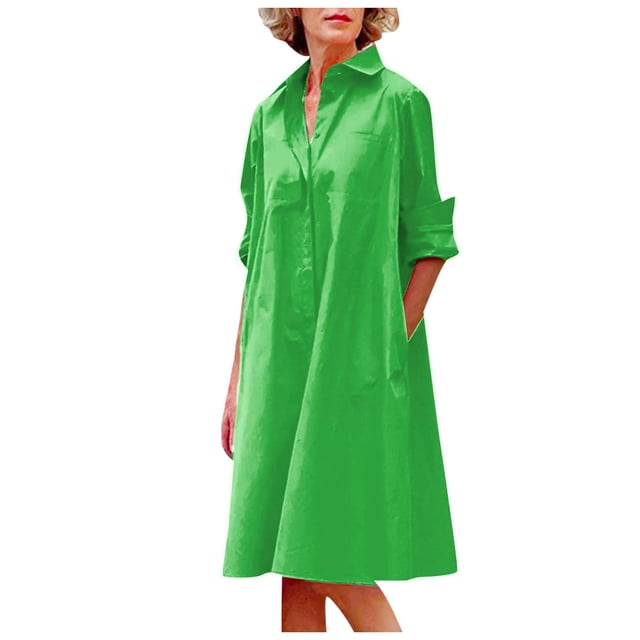 Vestido camisero largo con solapa y botones para mujer - Informal, color liso, primavera-verano, largo midi
