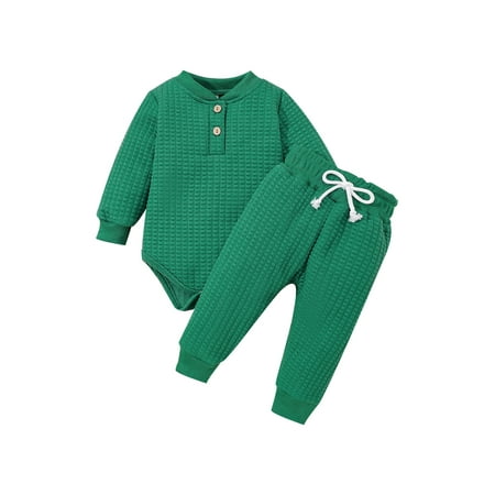 

Suanret Newborn Baby Boys Girls Long Pants Outfits Waffle Long Sleeve Romper Tops + Elastic Waist Trousers Sets Green 0-3 Months