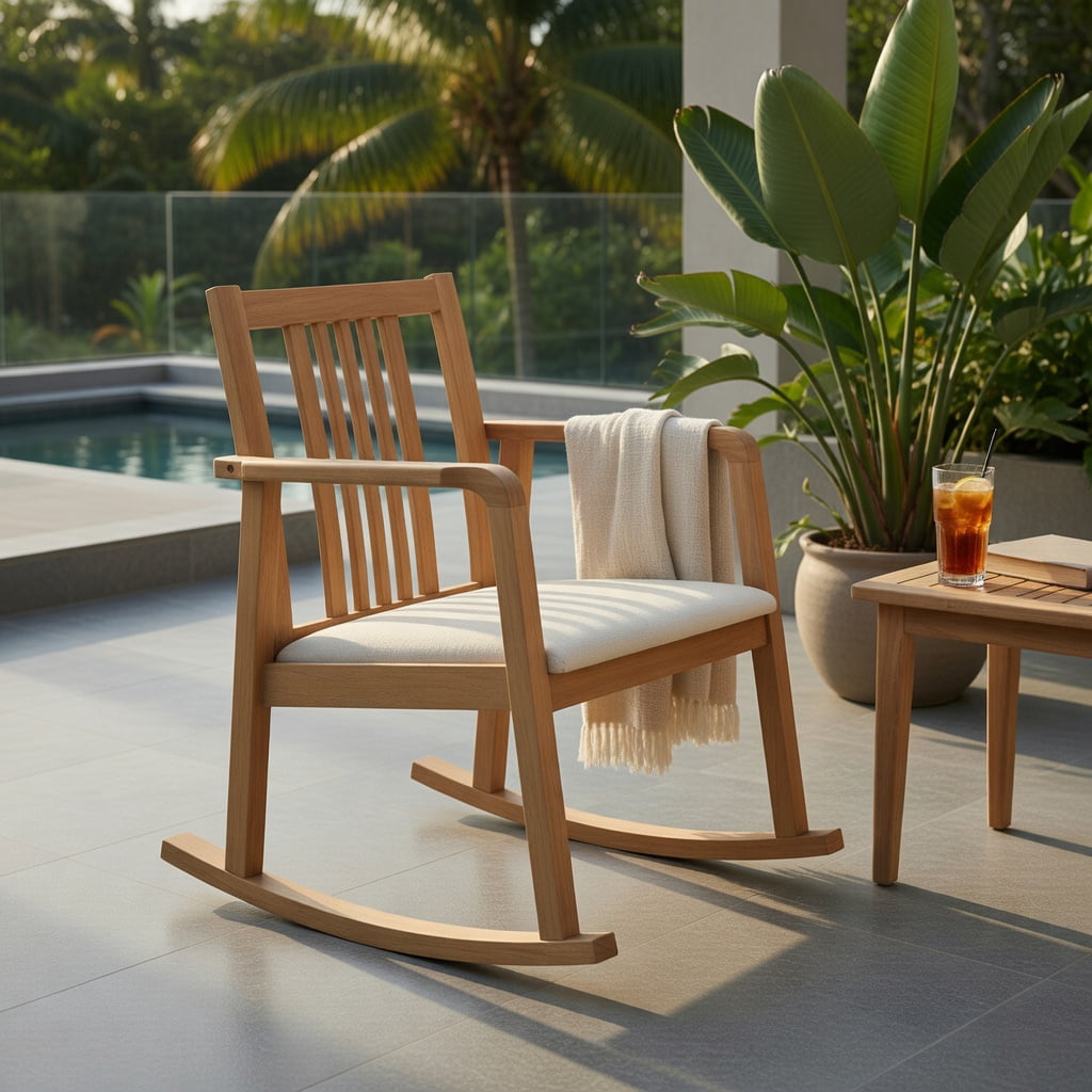 Hommoo Rubber Wood Rocking Chair with Slatted Back, Curved Armrests & Linen Upholstery, Ergonomic Indoor/Outdoor Relaxation Chair, Natural