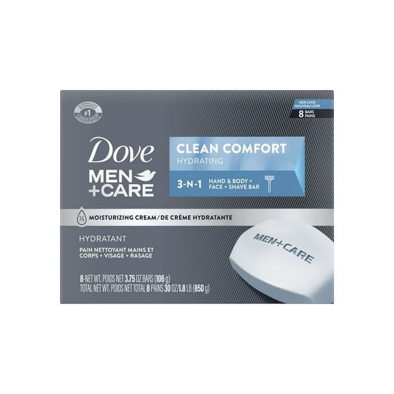 Pack of 2 Dove Men Care Body Face Bar Mild Formula All Skin Type, Clean Comfort, 3.75 oz (8 Bars)