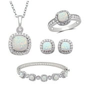 Jewelry Set 5 Piece Ring 7 Earring Pair Bracelet Pendent Necklace 18" Chain Brass w Rhodium Overlay 7 Ct Created Opal & CZ Cushion Halo Vintage Style Jewelry Gift for Women