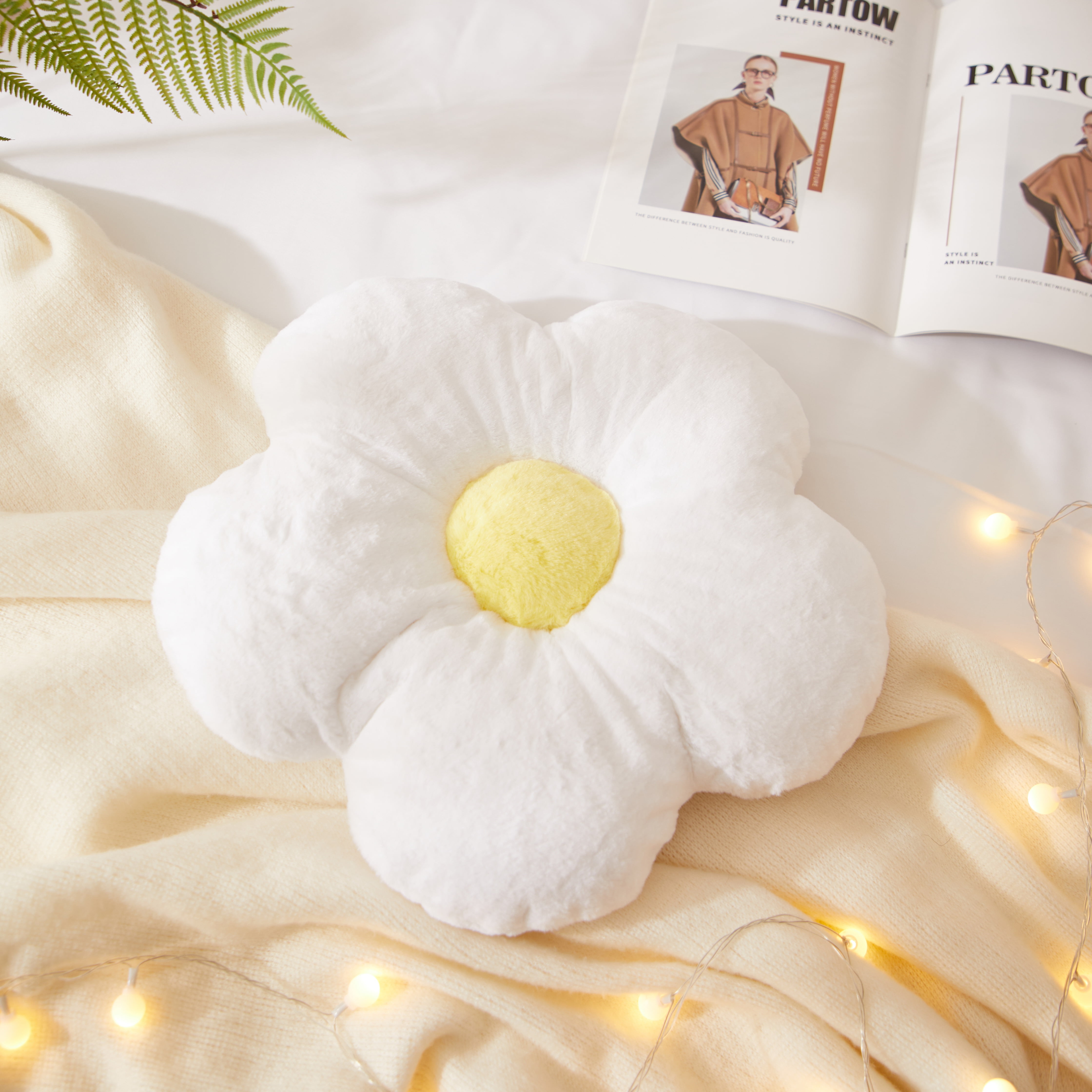 (2 pack) Your Zone Faux Fur Flower Decorative Pillow for Kids, White Daisy, Spot Clean, 16 in
