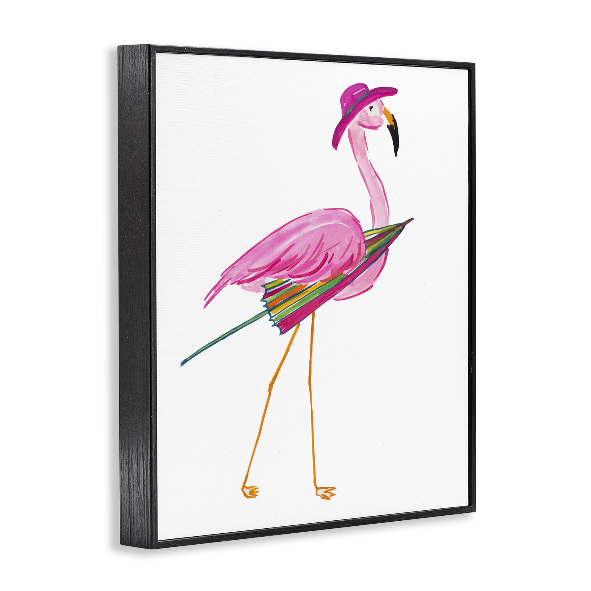 Stupell Industries Flamingo with Beach Umbrella Animals & Insects Painting Black Framed Art Print Wall Art, 24 x 30