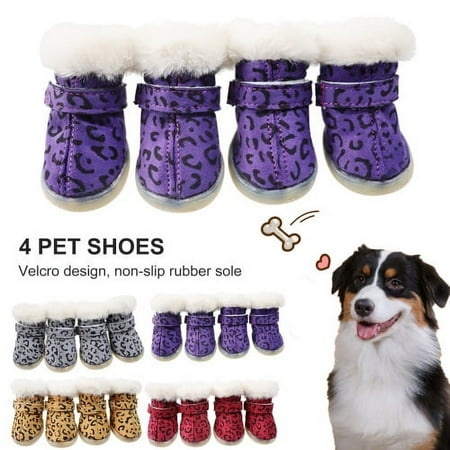 Visland 4Pcs/Set Pet Dog Shoes  Fashion Print Casual Fastener Tape Design Anti-slip Sole Soft Plush Winter Paw Warm Dog Boots for Puppy Outdoor Walking