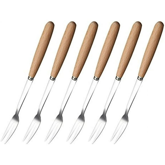 6 Pcs Wooden Handle Stainless Steel Two Prong Forks Fruit Cake Appetizer Forks