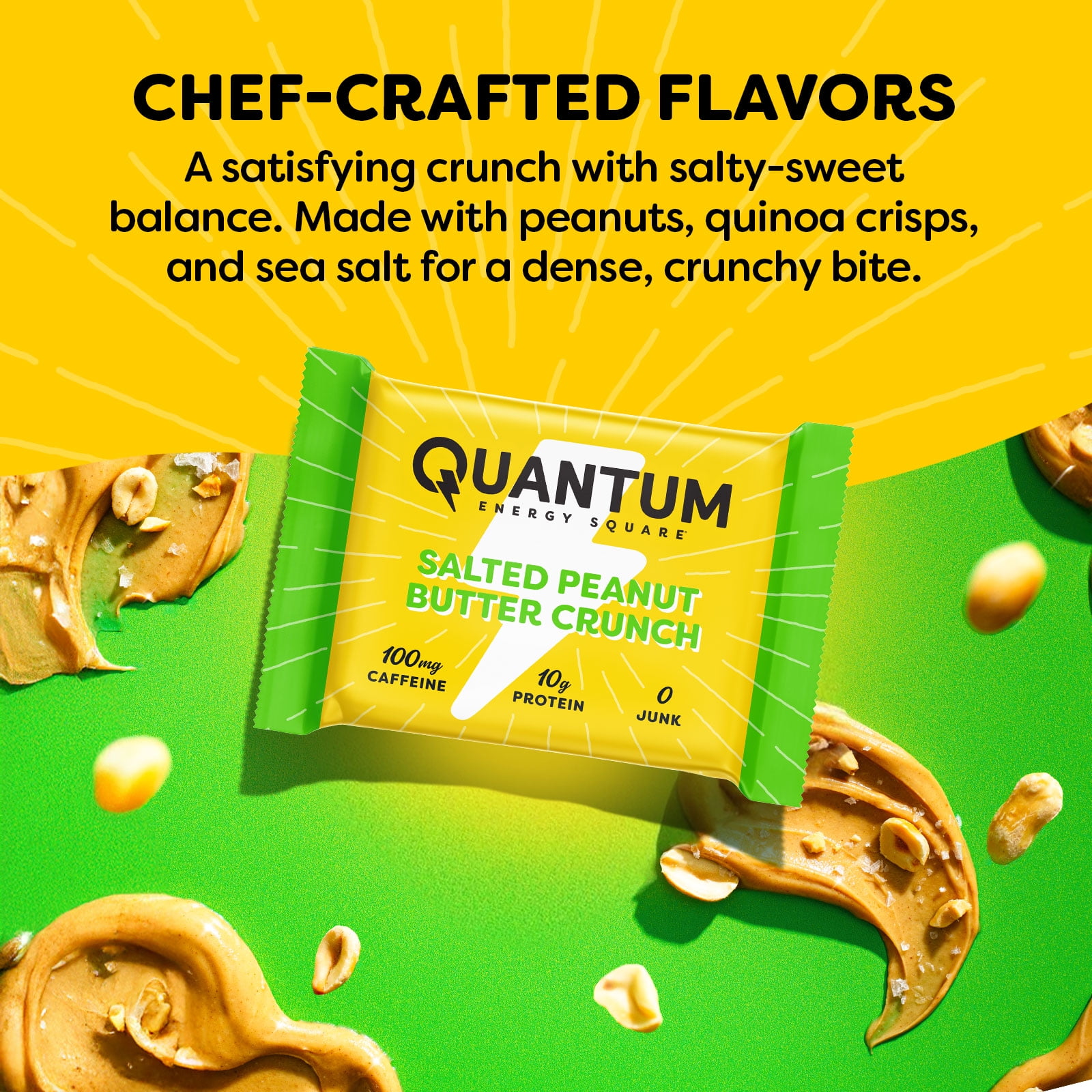 Quantum Energy Square: Energy Bar with Caffeine & 10g Protein. Delicious Healthy Snack On The Go. (Vegan, Gluten-free, Soy-free, Dairy-free). Flavor: Salted Peanut Butter Crunch 8Pk