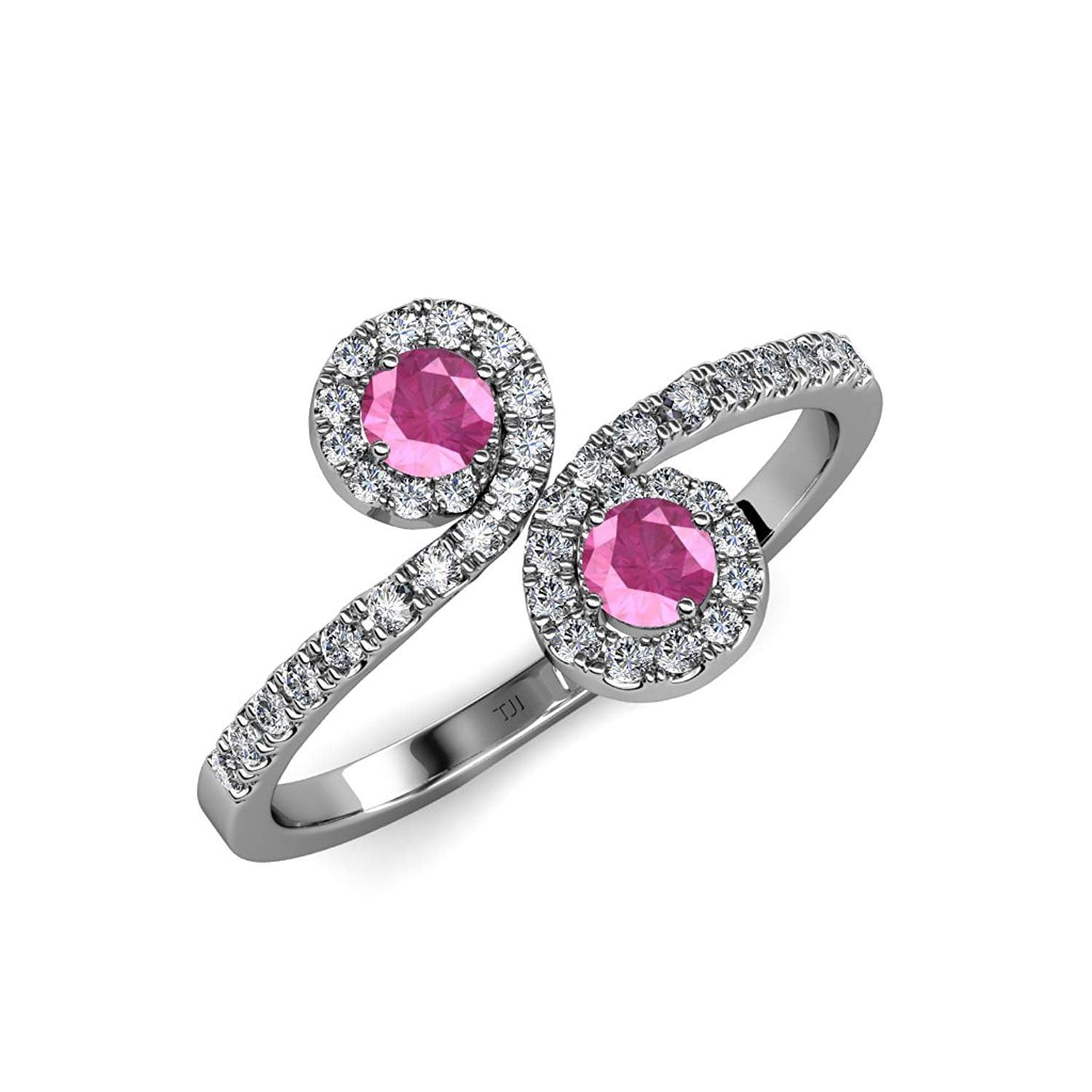 Pink Sapphire 2 Stone with Side Diamonds Bypass Engagement Ring 1.24 ct tw 14K White Gold.size 8.5 by TriJewels