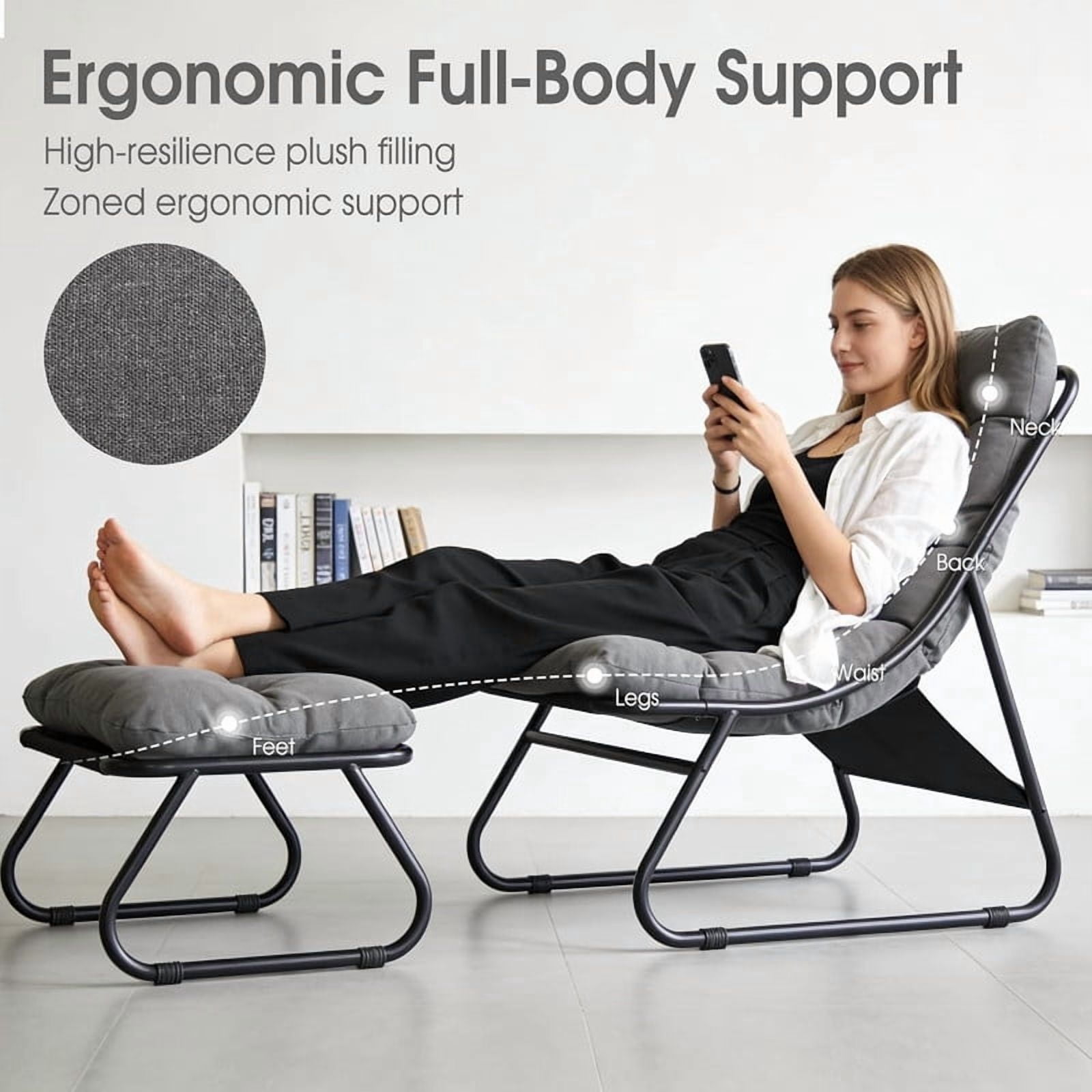 Modern Patio Lounge Chair with Ottoman, Comfy Sling Recliner Chair with Puffy Cushion and Foot Stool for Indoor Outdoor Living Room