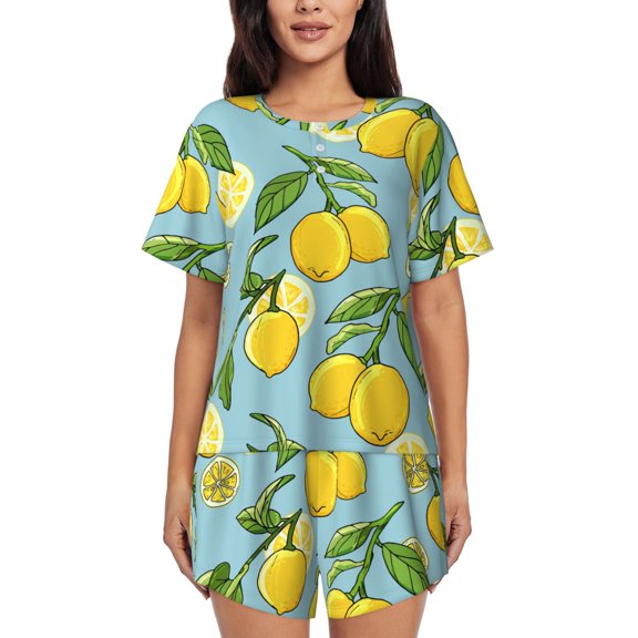 Picia Lemon Pajamas Sets for Women Soft Short-Sleeved Pjs with Lounge Shorts Two Piece Sleepwear-