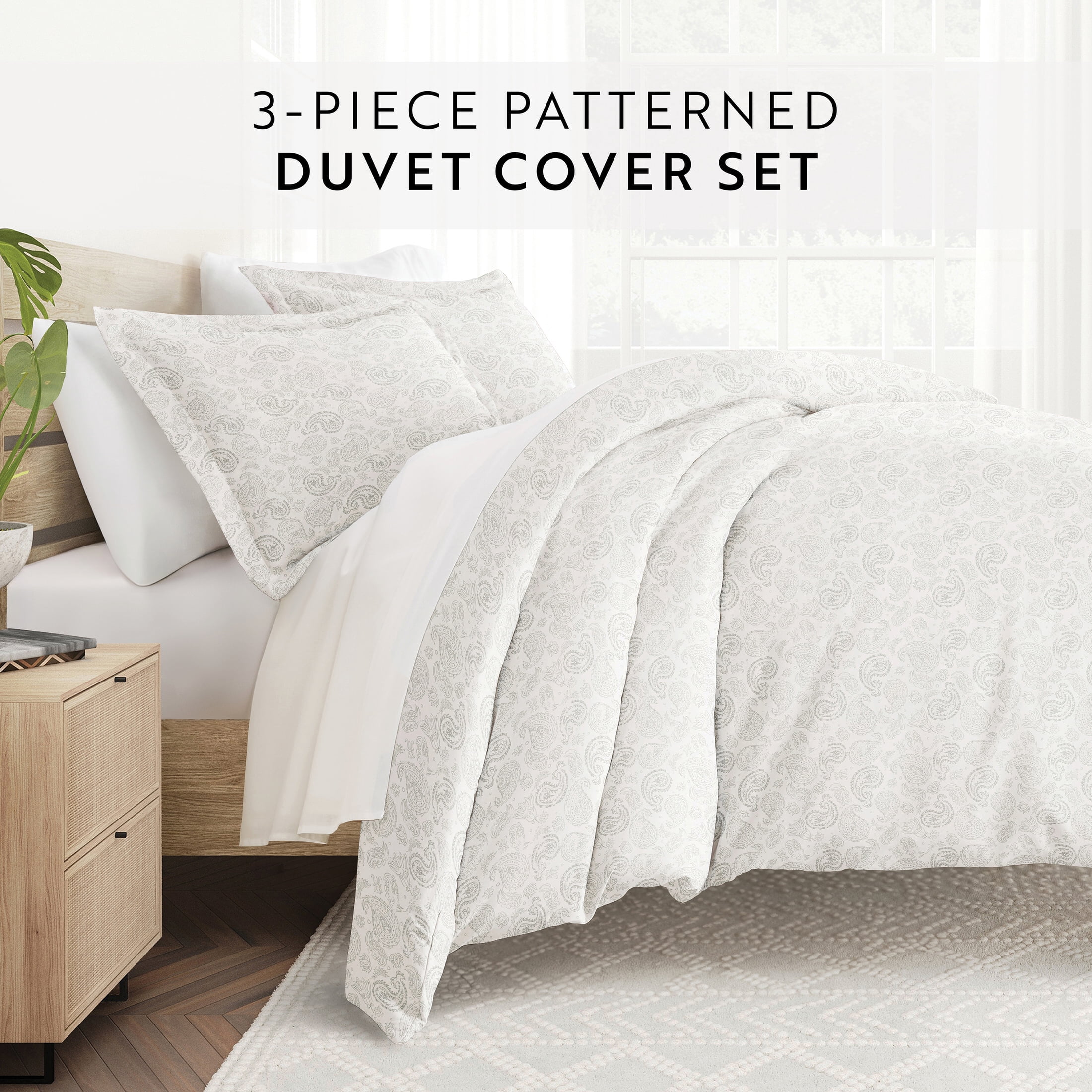 Noble Linens Light Gray Coarse Paisley Print Duvet Set 3-Piece Duvet Cover Set, Full/Queen