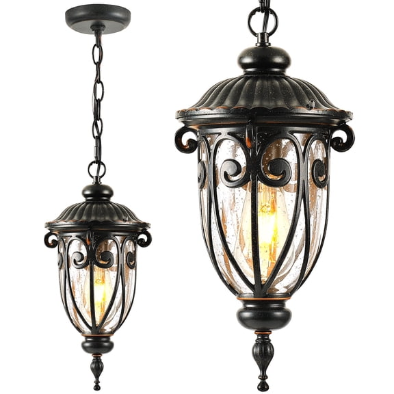 VIANIS Outdoor Pendant Light Lantern, Farmhouse Outdoor Chandelier, Vintage Outdoor Hanging Lights with Seed Glass, Brown Outdoor Ceiling Lights for Porch, Porch Lights Outdoor Ceiling for House