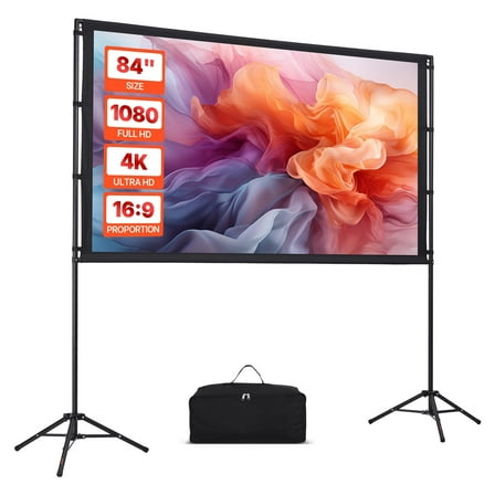 VEVOR Projector Screen with Stand, 84 Inch 160° Wide Angle Indoor Outdoor Projection Screen, 16:9 4K HD Wrinkleless Portable Dual-Tripod Screens with Carry Bag, for Movie Home Theater Presentation