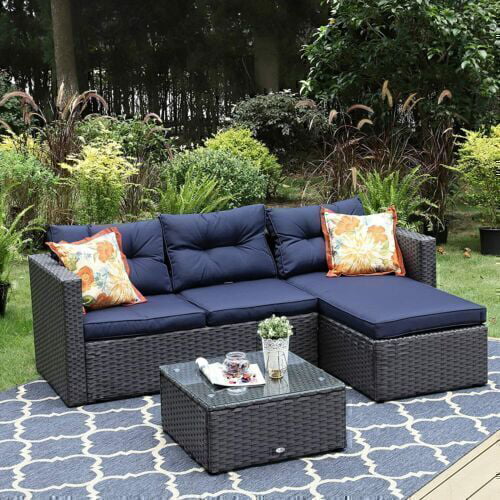 PHI VILLA Outdoor Side Tables-Foldable Patio Rattan Table with Tempered Glass Table Top and High-Strength Thickened Iron Pipe Bracket for Patio Outdoor Sofa and Chair in Garden,2 Pack 