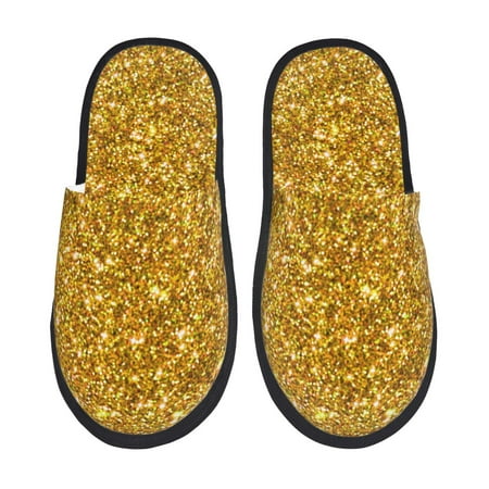 Balery Gold Glitter Slient Indoor Furry Fleece Comfort House Shoes Soft Non-Slip Home Shoes Cotton slippers House Slippers-- Large