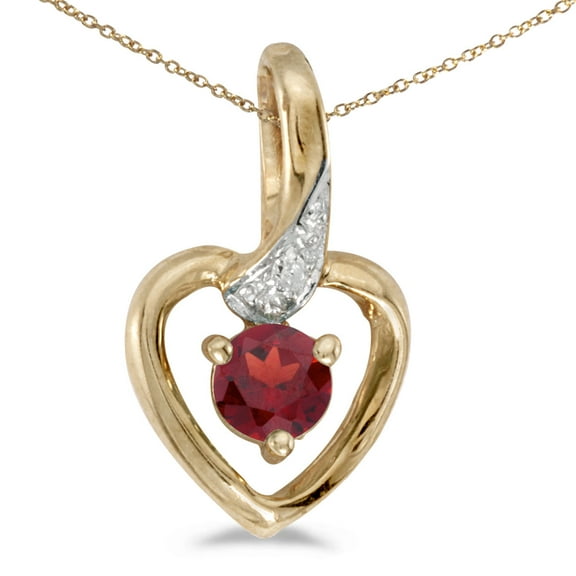 14k Yellow Gold Round Garnet And Diamond Heart Pendant with 18" Chain