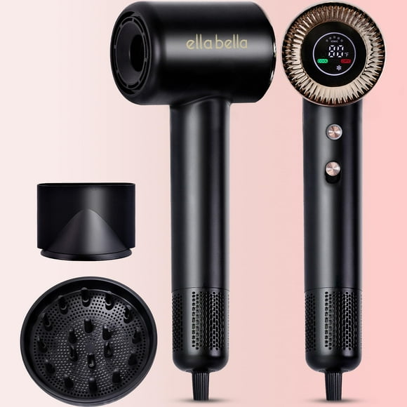 Secador de pelo de plasma compacto ELLA BELLA®, tecnología de plasma avanzada, pantalla digital, secado rápido, bajo nivel de ruido y elegante bolsa de viaje de terciopelo. Incluye difusor y boquilla,