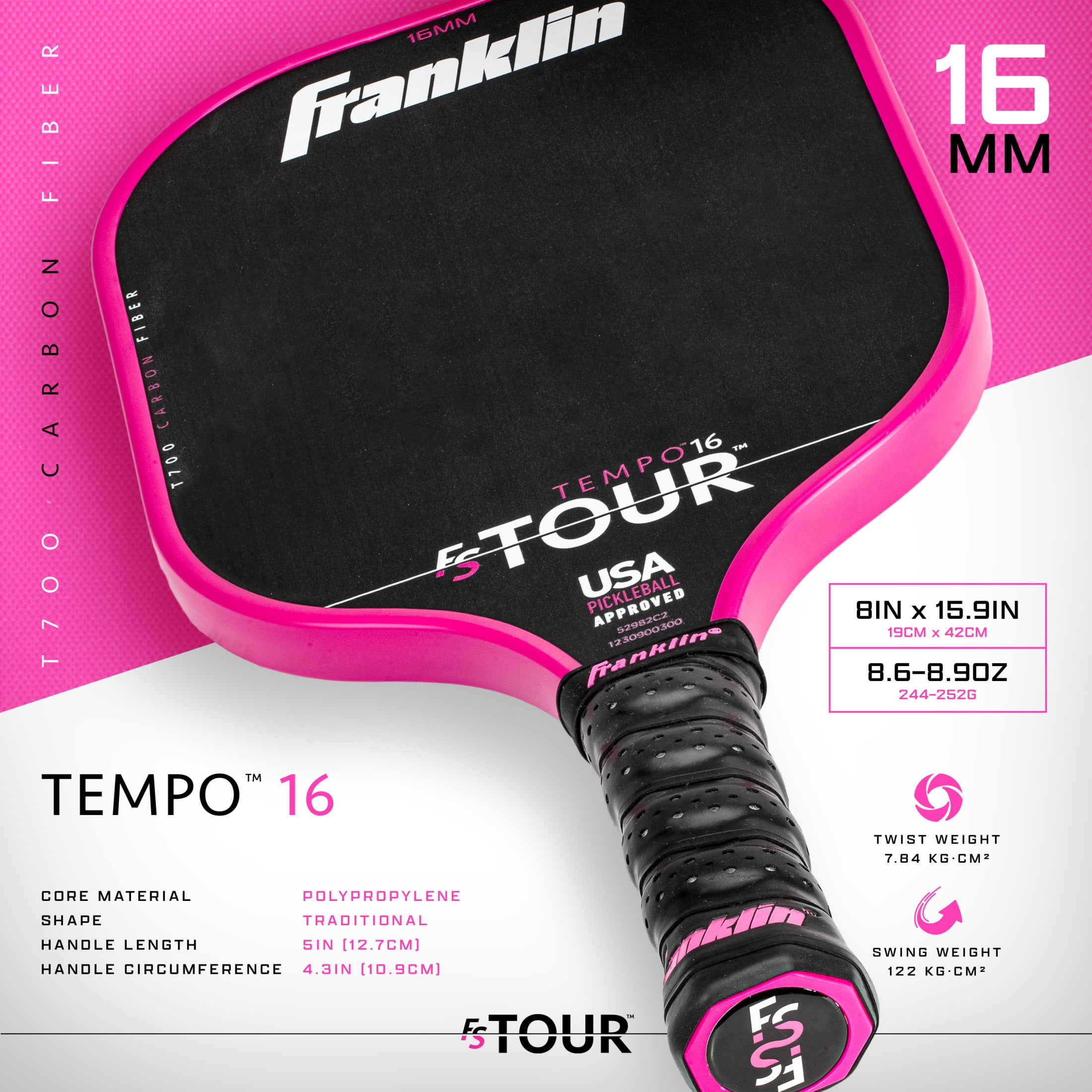 Franklin Sports Pro Pickleball Paddles - FS Tour Series Carbon Fiber Pickleball Paddles - Official USA Pickleball (USAPA) Approved Paddles - Tempo Pro Player Paddle - 16mm Polymer Core - Pink