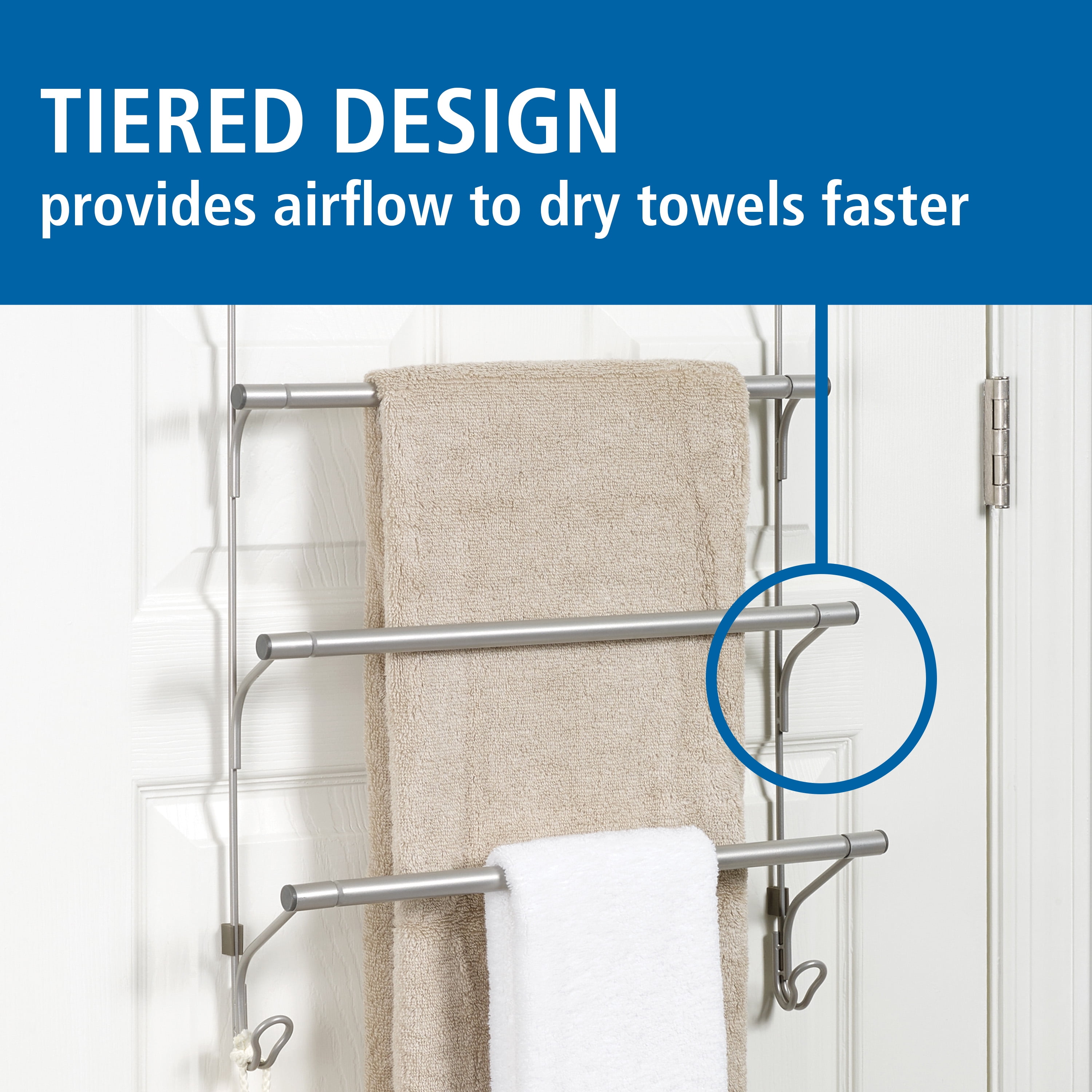 Mainstays SnugFit over-the-Door 3-Tier Towel Bar and 2 Hooks Hanging Storage, No Tools, Satin Nickel