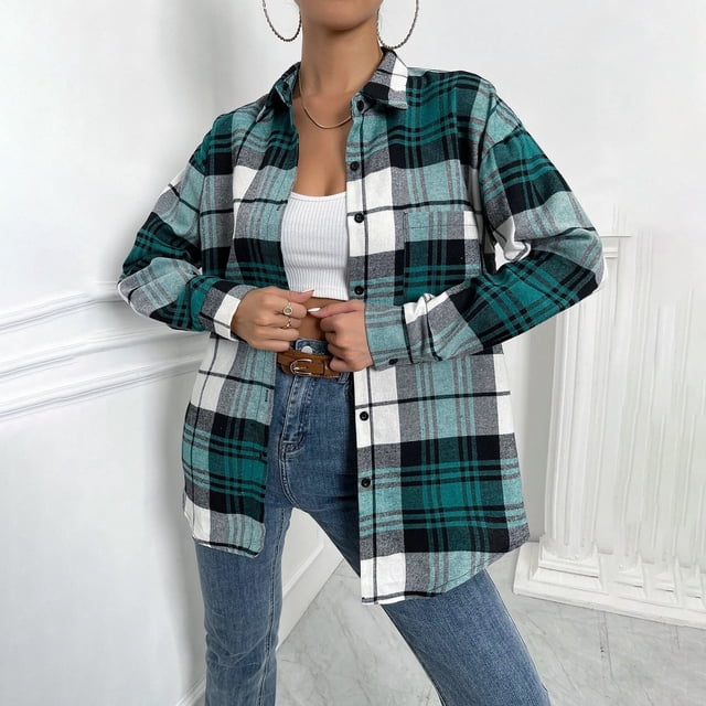 Qertyioot Mode Hiver Femmes Veste Décontractée Imprimée Manches Longues Hauts Manteau à Carreaux