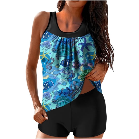 FAVIPT Swimsuits for Women 2 Piece with Boyshorts Tankini Swim Suits Casual Trendy Summer 2025 Bathing Suits Hawaii Floral Printed Beach Swimsuit Blue,M