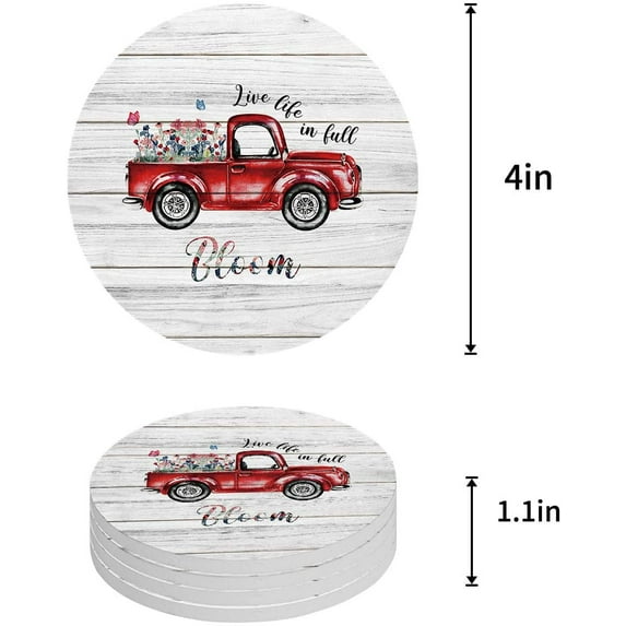 ZHANZZK Red Truck and Flower Wooden Grain Set of 8 Round Coaster for Drinks, Absorbent Ceramic Stone Coasters Cup Mat with Cork Base for Home Kitchen Room Coffee Table Bar Decor