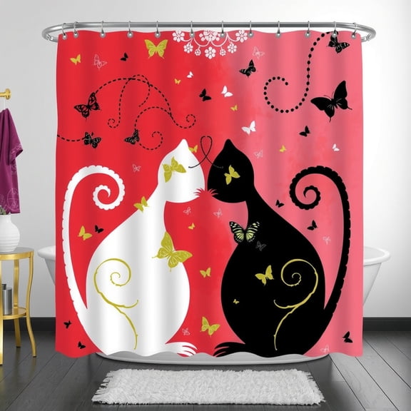 Whimsical Cat Shower Curtain - Black & White Cats with Butterflies, Vibrant Red & Pink Design