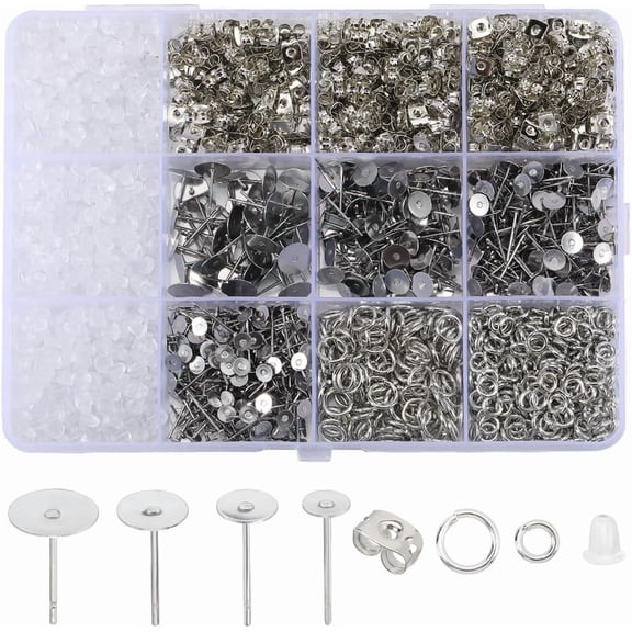 1 Box 1800Pcs Stainless Steel Stud Earring Making Kit Hypoallergenic Earring Posts and Backs 4mm 5mm 6mm 8mm Flat Pad Ear Studs Findings