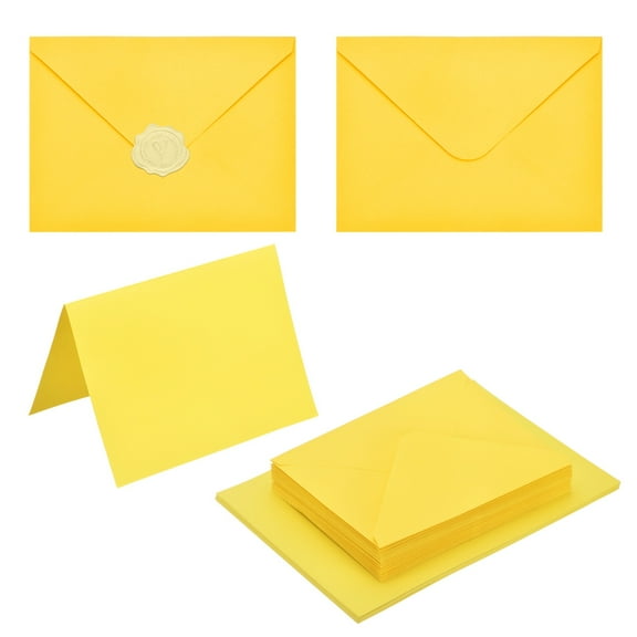 Uxcell 50 Pack Lemon Yellow 5x7 Envelopes with Cards, V Flap A7 Envelopes with Gold Stickers for Greeting Cards and Invitations