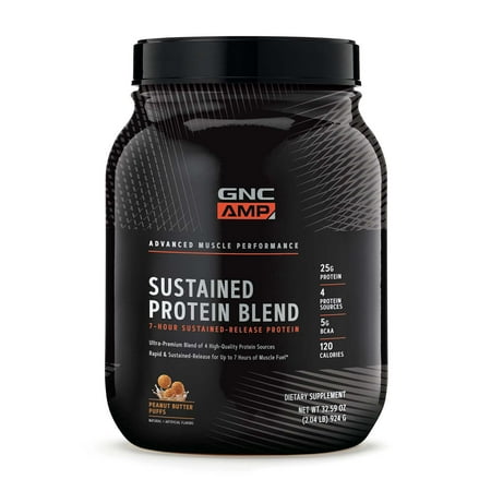 GNC AMP Sustained Protein Blend | Targeted Muscle Building and Exercise Formula | 4 Protein Sources with Rapid & Sustained Release | Gluten Free | Peanut Butter Puffs | 28 Servings